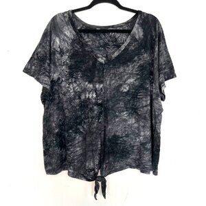 Grey Black Tie Dye T-Shirt Tie Front Short Sleeve V-Neck 2X